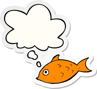 Düşünce baloncuklu karikatür balığı insan tarafından çizilmiş bir çıkartma.