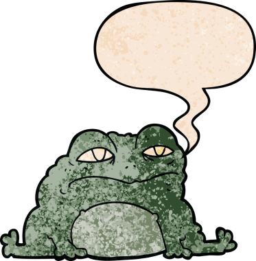 Konuşma baloncuğu olan karikatür karakurbağası insan tarafından çizilmiş.