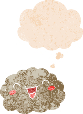 Mutlu karikatür bulutu. Düşünce baloncuğu grunge 'da. Sıkıntılı retro desenli bir insan çizimi.