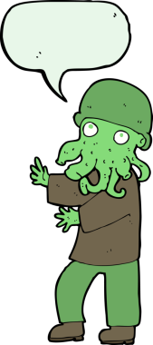 Bir insan tarafından çizilmiş konuşma balonu olan uzaylı bir adam.