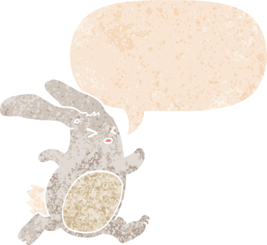 Konuşma baloncuğu olan çizgi film tavşanı bir insan tarafından çizilmiş dertli retro tarzı