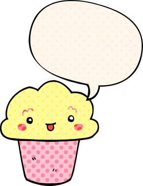 Bir insan tarafından çizilmiş, yüzünde konuşma balonu olan çizgi roman tarzı bir kek.