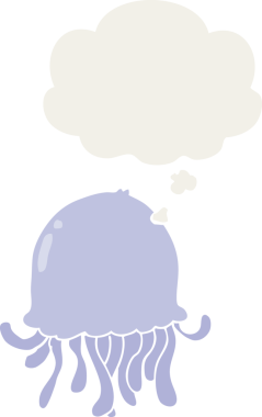 Düşünce baloncuğu olan denizanası çizgi filmi bir insan tarafından çizilmiş.