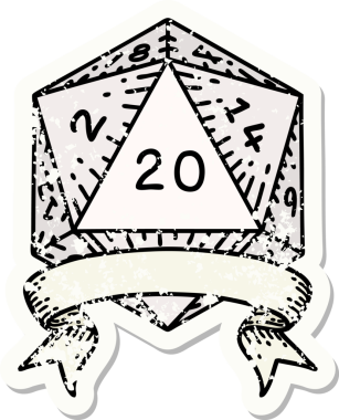 Bir insan tarafından çekilen 20 kritik vuruşluk D20 zar atımının grunge çıkartması.