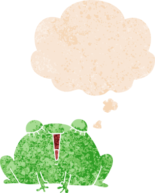 Homurdanan düşünce baloncuğu olan sevimli çizgi film kurbağası bir insan tarafından çizilmiş tedirgin geçmiş dokuma tarzı