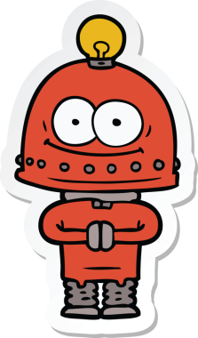 Bir insan tarafından çizilmiş mutlu bir karton robotun çıkartması.