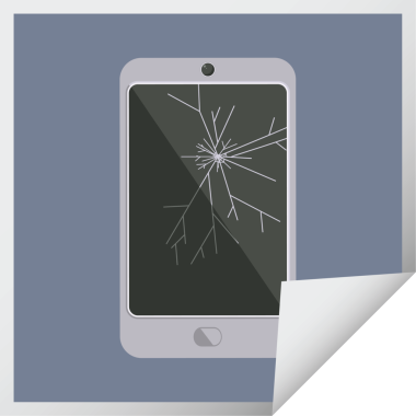 Bir insan tarafından çizilmiş çatlak ekran cep telefonu grafik vektör kare etiketi