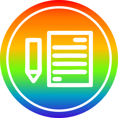 belge ve kalem dairesel simgesi gökkuşağı gradyanı bir insan tarafından çizilmiş