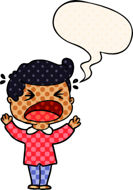 Bir insan tarafından çizilmiş çizgi roman tarzında konuşma balonlu bağıran adam.