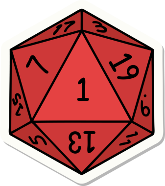 Bir insan tarafından çizilmiş doğal 1 D20 zar etiketi.