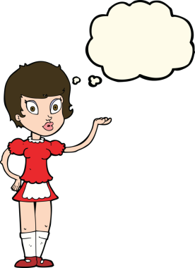 Bir insan tarafından çizilmiş düşünce kabarcığı olan çizgi film garsonu.