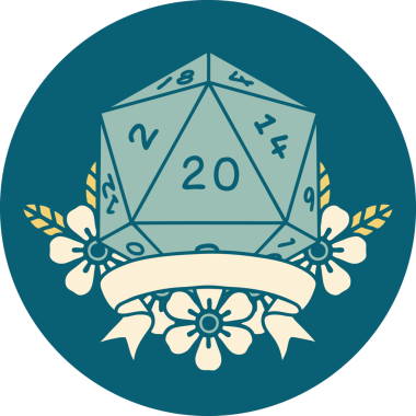 Retro Dövme Biçimi Doğal 20 kritik vuruş D20 zar bir insan tarafından çizildi