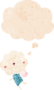 Düşünce baloncuğu ve grunge dertli retro desenli bir insan tarafından çizilmiş şirin çizgi film başlıklı yaratık.