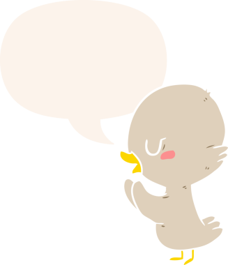 Bir insan tarafından çizilmiş konuşma baloncuğu olan sevimli çizgi film ördek yavrusu.