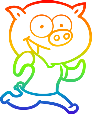 Gökkuşağının gradyan çizimi neşeli bir domuzun insan tarafından çizilmiş çizgi filmi.