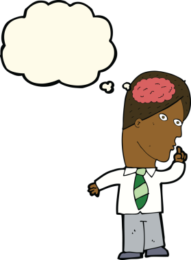 Bir insan tarafından çizilmiş düşünce baloncuğu olan büyük beyinli karikatür işadamı