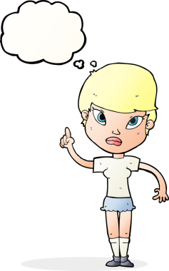 Bir insan tarafından çizilmiş düşünce baloncuğu fikri olan karikatür kadın.