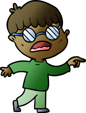 Bir insan tarafından çizilmiş gözlük takan çizgi film çocuğu.