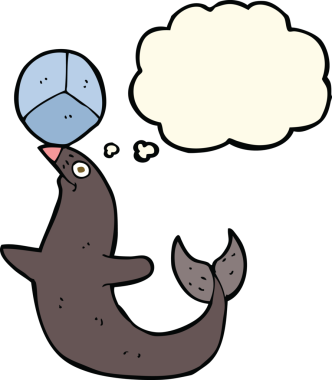 Bir insan tarafından çizilmiş düşünce kabarcığıyla fok taklidi yapan bir çizgi film.