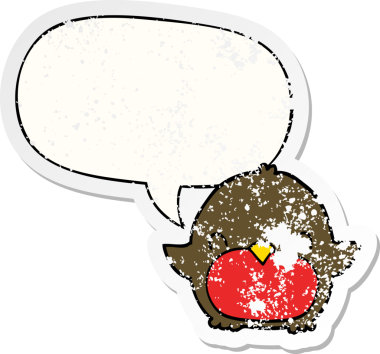 Konuşma baloncuğu olan karikatür pengueni bir insan tarafından çizilmiş sıkıntılı eski bir çıkartma