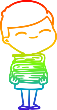 Gökkuşağı gradyan çizgi çizimi bir insan tarafından çizilmiş kitap yığınıyla gülümseyen bir çocuğun çizimi