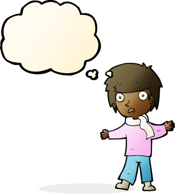 Bir insan tarafından çizilmiş düşünce baloncuğu olan mutsuz bir çocuk.