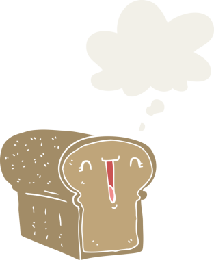 Bir insan tarafından çizilmiş düşünce baloncuklu tatlı bir ekmek karikatürü.