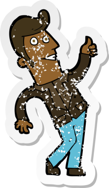 Bir insan tarafından çizilmiş işaret veren bir çizgi film karakterinin gerilimli retro çıkartması.