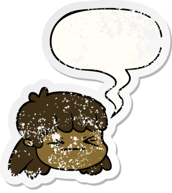 Konuşma baloncuğu olan çizgi film kadın yüzü bir insan tarafından çizilmiş sıkıntılı eski bir çıkartma