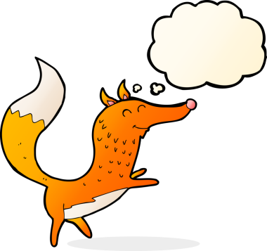 Bir insan tarafından çizilmiş düşünce balonlu mutlu tilki çizgi filmi.