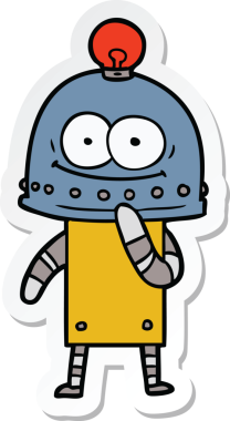 Bir insan tarafından çizilmiş mutlu bir karton robotun çıkartması.