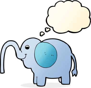 Bir insan tarafından çizilmiş düşünce baloncuğuyla su fışkırtan çizgi film fili.