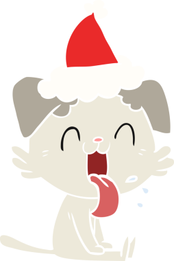 Bir insan tarafından çizilmiş, nefes nefese kalmış, Noel Baba şapkası takan bir köpeğin el çizimi.