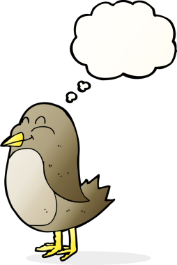 Bir insan tarafından çizilmiş düşünce baloncuklu çizgi film kuşu.