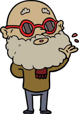 Bir insan tarafından çizilmiş sakallı ve güneş gözlüklü meraklı bir adam.