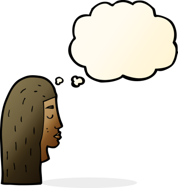 Bir insan tarafından çizilmiş düşünce baloncuklu kadın yüz profili.