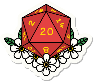 Bir insan tarafından çizilmiş 20 D20 zarının etiketi.