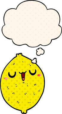 Çizgi roman tarzında bir insan tarafından çizilmiş düşünce balonlu mutlu limon çizgi filmi.