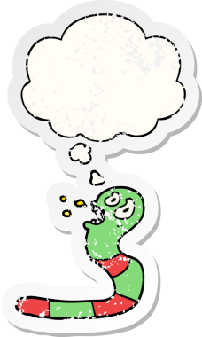 Düşünce baloncuğu olan korkulu çizgi film solucanı insan tarafından çizilmiş yıpranmış bir çıkartma gibi.