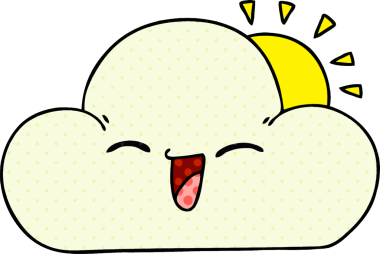 Çizgi roman tarzı garip bir güneş ve bir insan tarafından çizilmiş mutlu bulut.