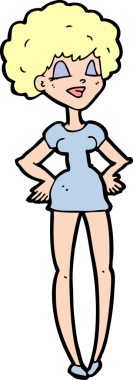 Bir insan tarafından çizilmiş elleri kalçasında mutlu bir kadın çizgi filmi.