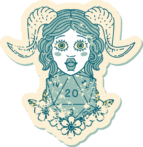 Bir insan tarafından çizilmiş doğal yirmilik zarla süslenmiş grunge çıkartması.