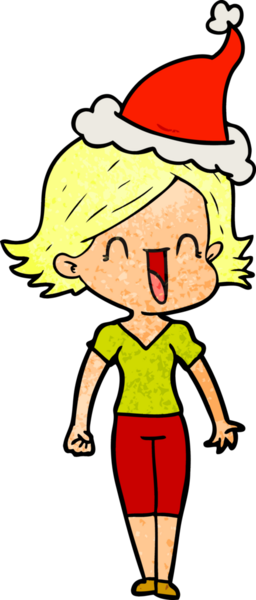 Bir insan tarafından çizilmiş Noel Baba şapkası giyen mutlu bir kadının el çizimi karikatürü.