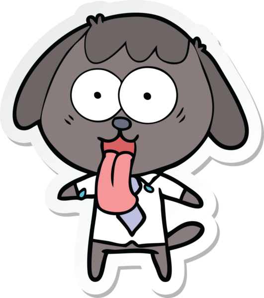 Bir insan tarafından çizilmiş ofis gömleği giyen sevimli bir köpeğin çıkartması.