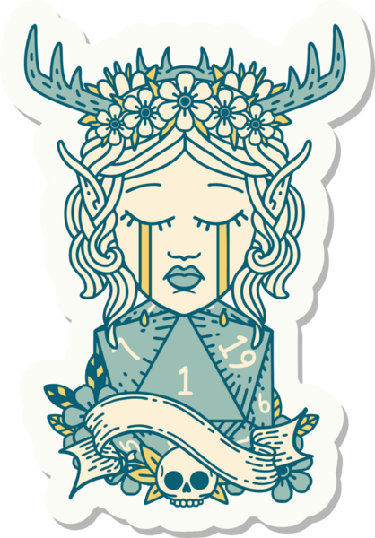 Ağlayan bir Elf Druid karakterinin çıkartması. Doğal bir D20 zarı bir insan tarafından çizilmiş.