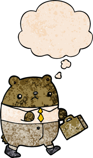 iş kıyafetleri içinde çizgi film ayısı, insan tarafından çizilmiş grunge desenli düşünce baloncuğu.