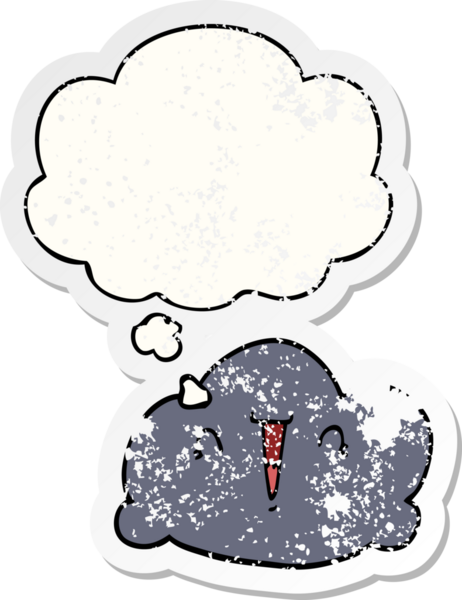 Düşünce baloncuklu karikatür bulutu bir insan tarafından çizilmiş yıpranmış bir çıkartma gibi.