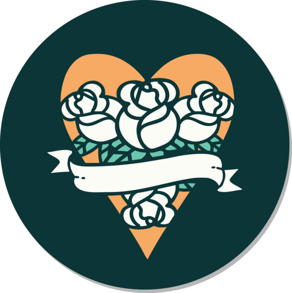 Geleneksel kalp stili dövme çıkartması ve bir insan tarafından çizilmiş çiçekli pankart.