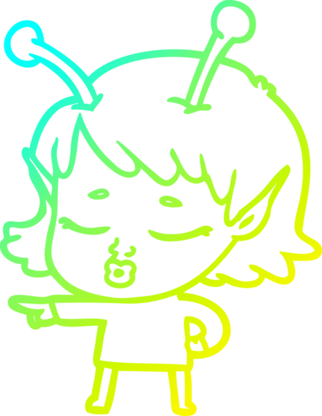 Bir insan tarafından çizilmiş, soğuk gradyan bir uzaylı kız çizgi filmi.