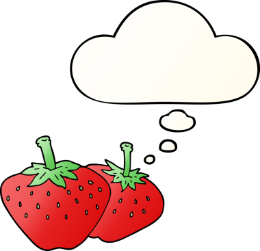 Düşünce baloncuklu karikatür çileği bir insan tarafından çizilmiş.